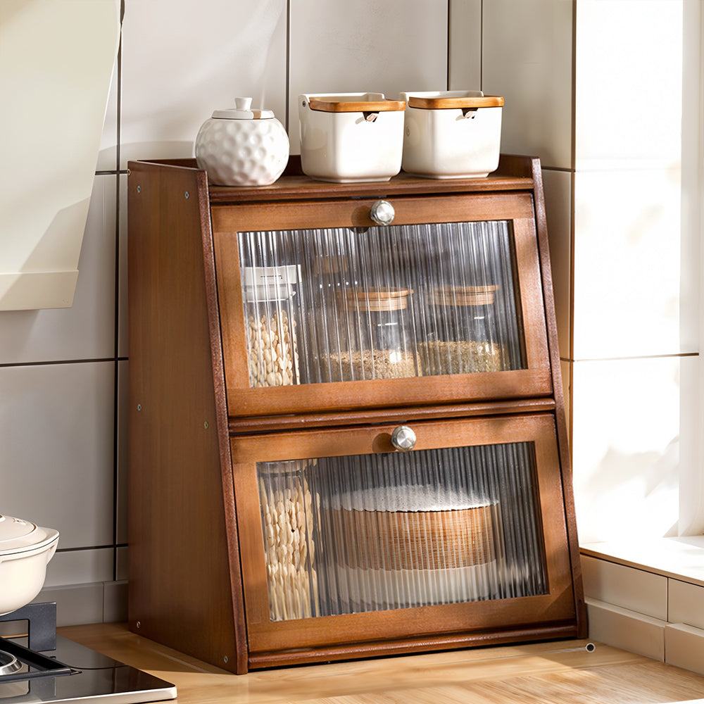 1pc 2-Tier/3-Tier Kitchen Spice Rack, Countertop Storage Shelf, Multi-Functional Organizer with Transparent Door, High Quality Bamboo Material, Natural/Brown