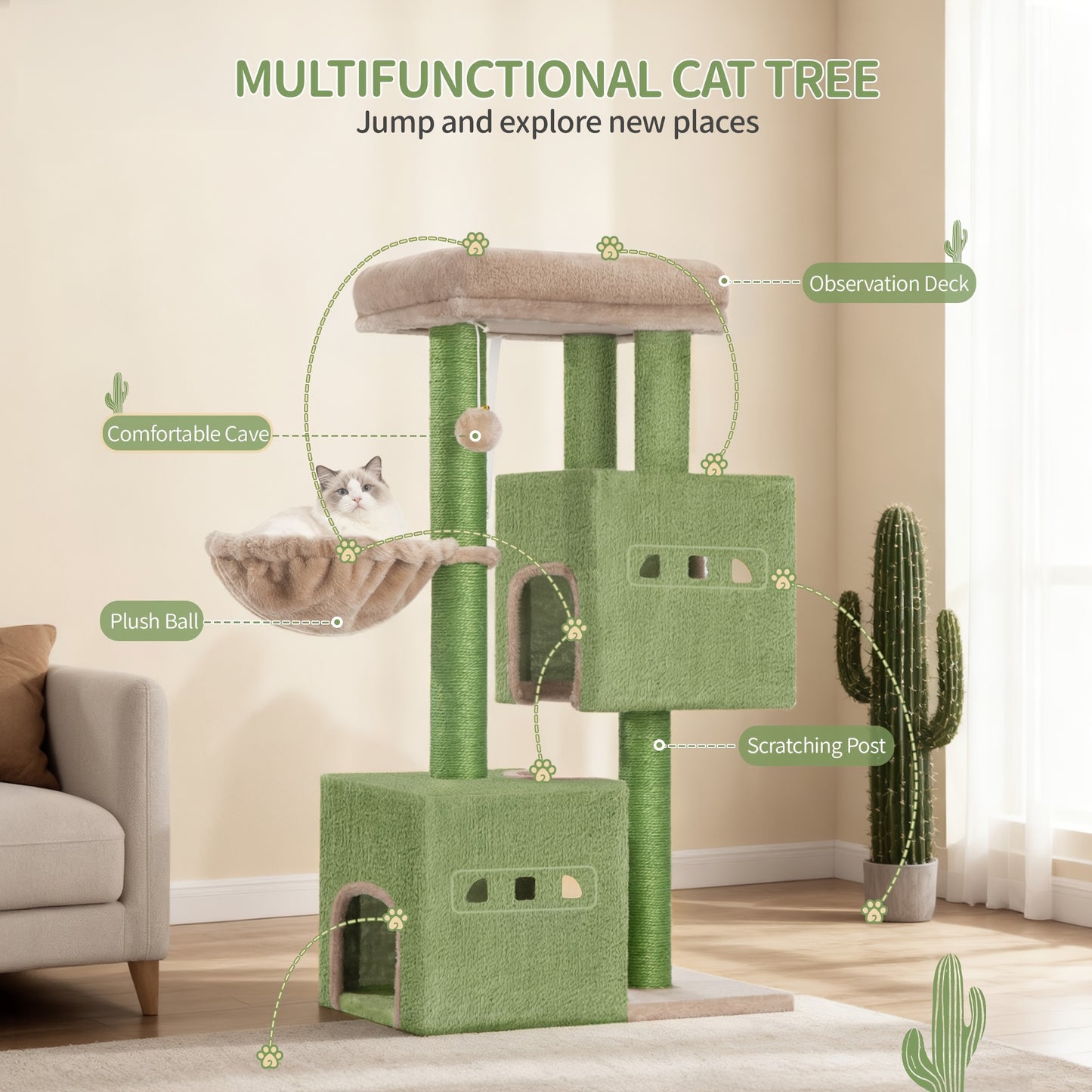 Cat Tree, Small Scratching Post, Multi-Storey Scratching Post with Perch, Cat House Furniture with 2 Caves, Sisal Cat Scratching Post, Hammock, 98 Cm