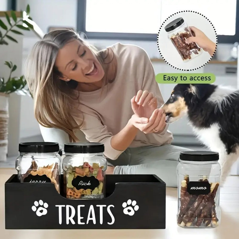 Wooden Pet Food & Treat Storage Container Set with 3 Jars & Labels | Farmhouse Round Canister Organiser for Dog Cat Treats Kibble | Black & White