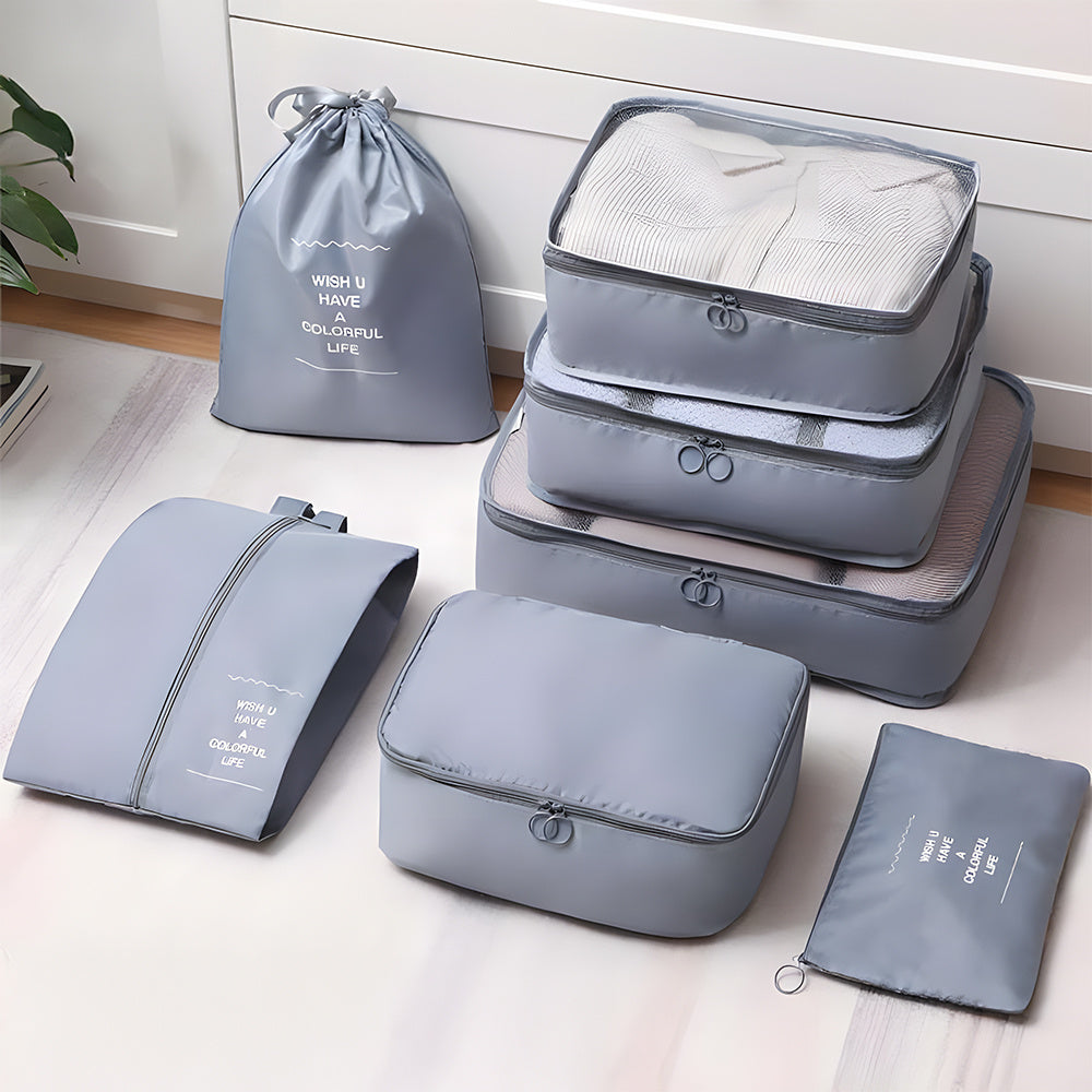 Packing Cubes Set of 7 for Suitcase – Travel Organiser Bags for Clothes, Shoes, Toiletries & Accessories, Oxford Fabric Luggage Sorting Pouches for Holiday & Business Travel in Grey, Pink, Blue & Beige
