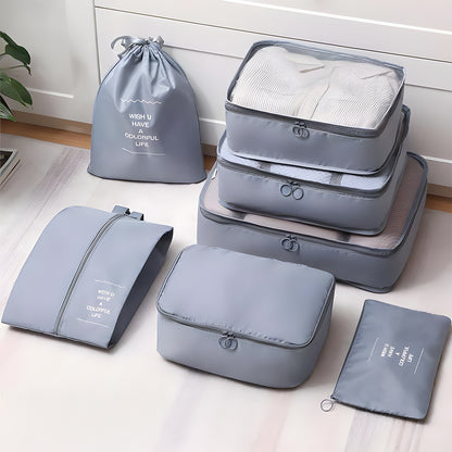 Packing Cubes Set of 7 for Suitcase – Travel Organiser Bags for Clothes, Shoes, Toiletries & Accessories, Oxford Fabric Luggage Sorting Pouches for Holiday & Business Travel in Grey, Pink, Blue & Beige