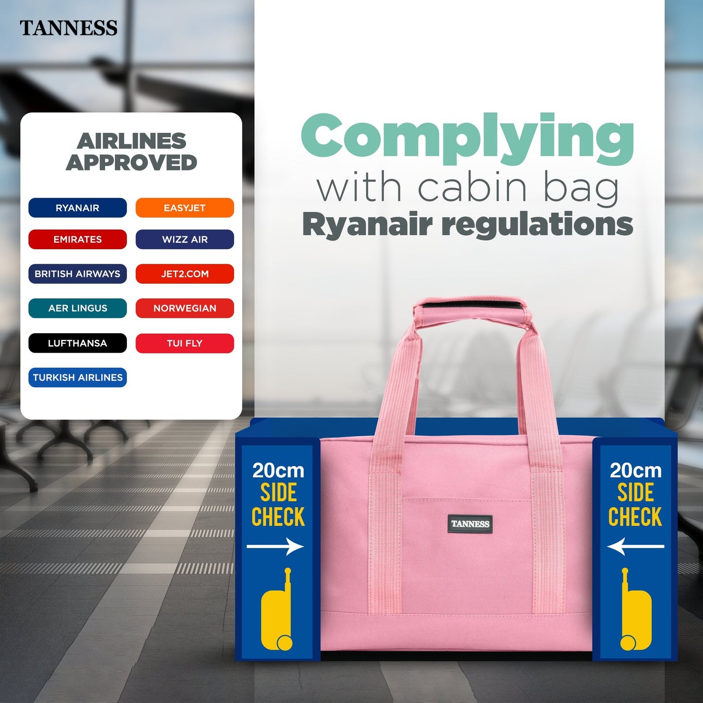 Tanness Ryanair 40x20x25 Cabin Bags with Adjustable Shoulder Strap | 40x20x25 Cabin Bag Holdall Bag, Travel Bag, Under Seat Cabin Bag | Hand Luggage Bag Carry On Bag | Cabin Suitcase Bags