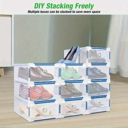 10pcs Clear Shoe Boxes Foldable Shoe Organiser Plastic Shoe Storage Box Transparent Drawer Stackable Storage Cabinet 31 x 20 x 11cm for Shoes File Dress or Toys Storage