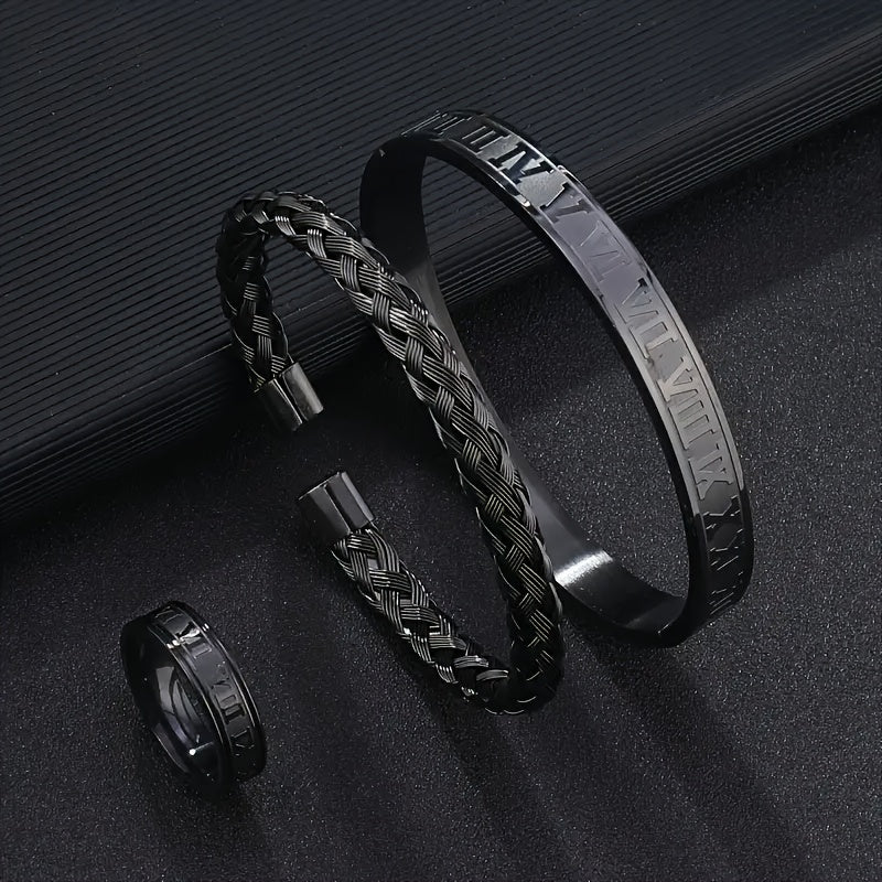 3pcs Men's Stainless Steel Number Bracelet and Ring Set, Perfect for Casual Attire