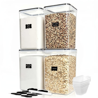4 Pack Sealed Jars, Large Food Storage Containers, Plastic Airtight Canisters For Flour, Sugar, Baking Supplies, Pasta, Rice With Lids, 4 Measuring Cups And 24 Labels, Black