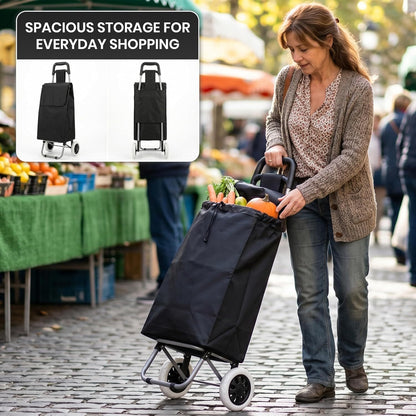 59L Folding Shopping Trolley on Wheels, Lightweight Foldable Grocery Cart with Large Waterproof Bag & Zipped Pocket for Grocery Shopping, Travel & Camping (Black)