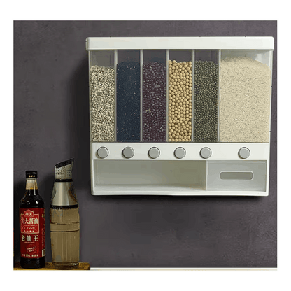 6 in1 Cereal Dispenser Dry Food Dispenser Storage Container Wall Mount Cereal Grain Rice Dispenser 6 Grid Rice Dispenser Food Bucket for Kitchen Home
