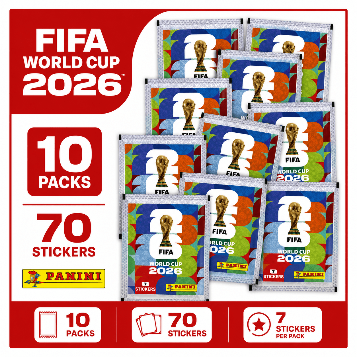 10x Fifa World Cup 2026 Sticker Packs – 7 Stickers Per Pack – a Total of 70 Stickers