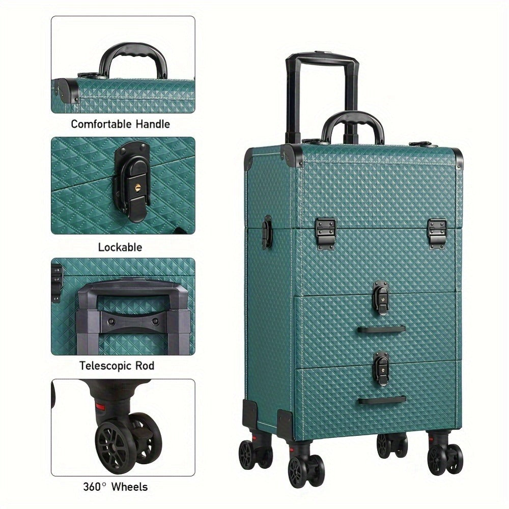 Large 3-in-1 Makeup Trolley Case – Professional Hairdressing Vanity Beauty Box with Wheels, PU Aluminium Frame Cosmetic Storage, 37x25x56cm, Rose Gold & Black