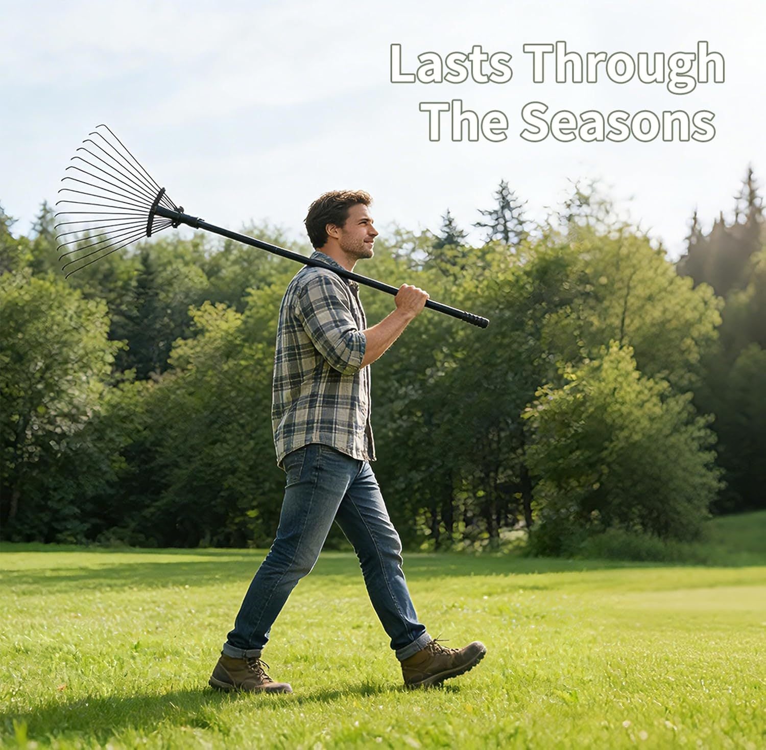 Telescopic Garden Rake 15 Metal Tines – Adjustable Handle 81-170cm & Expandable Head 20-60cm | Lightweight Alloy Steel Leaf Rake for Lawn, Patio & Garden | Black