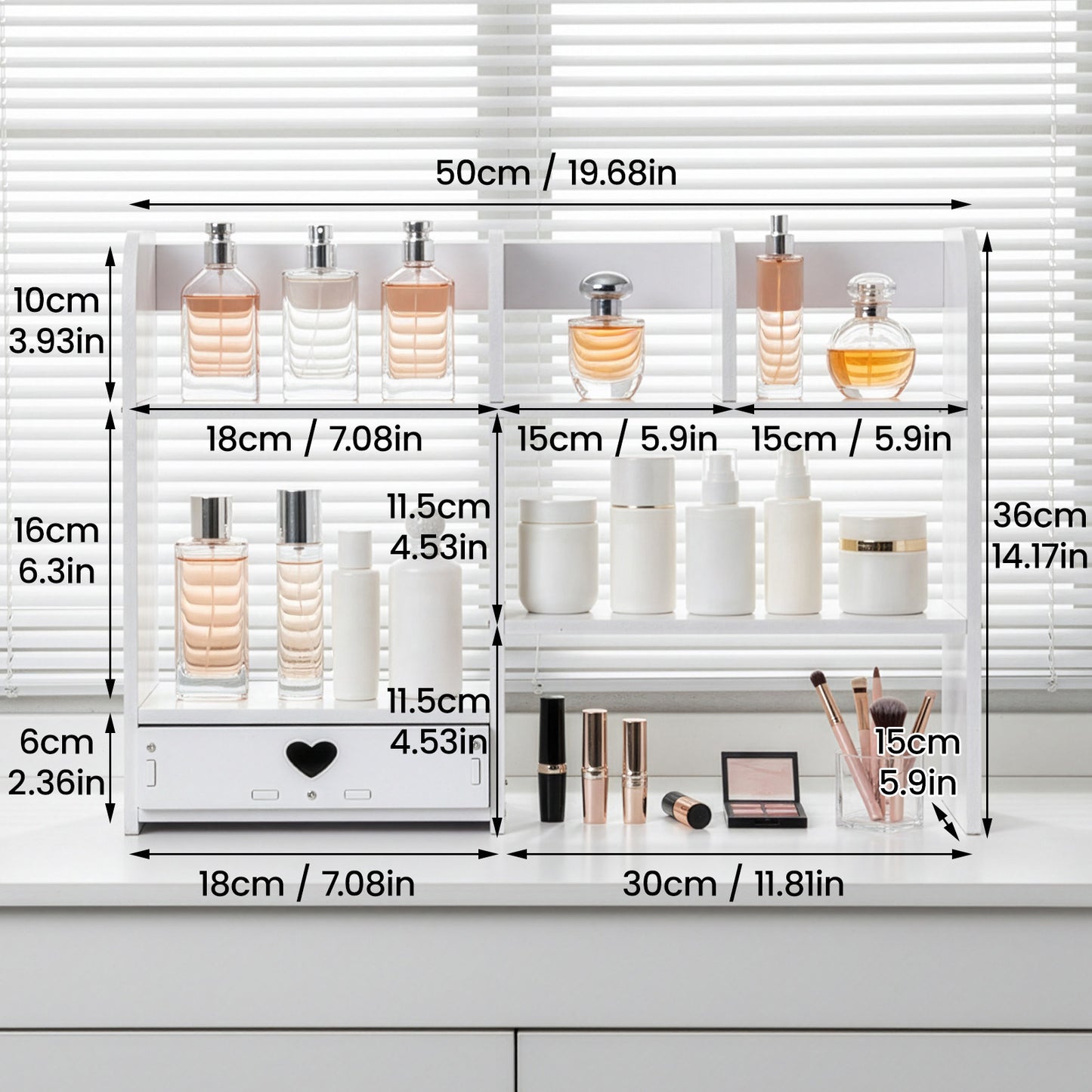 Multi-Layer Elevated Desktop Shelf, Rectangular Fiberboard Storage Organizer, Painted Finish, Cosmetic and Accessory Holder for Dressing Table and Desk