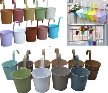 Trendi Set of 10 Metal Hanging Plant/Flower Pots Planters With Drainage Hole, Balcony Planters Fence Garden Home Decor Detachable Hook Coloured Planters (10)
