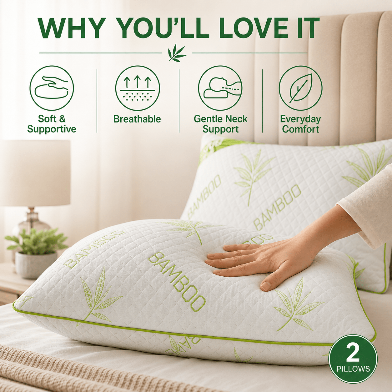 Bamboo Memory Foam Pillow Pack of 2 | Medium Firm Support for Neck & Shoulder Comfort | Soft & Breathable | 50x75cm | Ideal for Side, Back, and Stomach Sleepers | Removable Zip Cover | Durable Viscose Elastic Foam