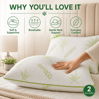 Bamboo Memory Foam Pillow Pack of 2 | Medium Firm Support for Neck & Shoulder Comfort | Soft & Breathable | 50x75cm | Ideal for Side, Back, and Stomach Sleepers | Removable Zip Cover | Durable Viscose Elastic Foam