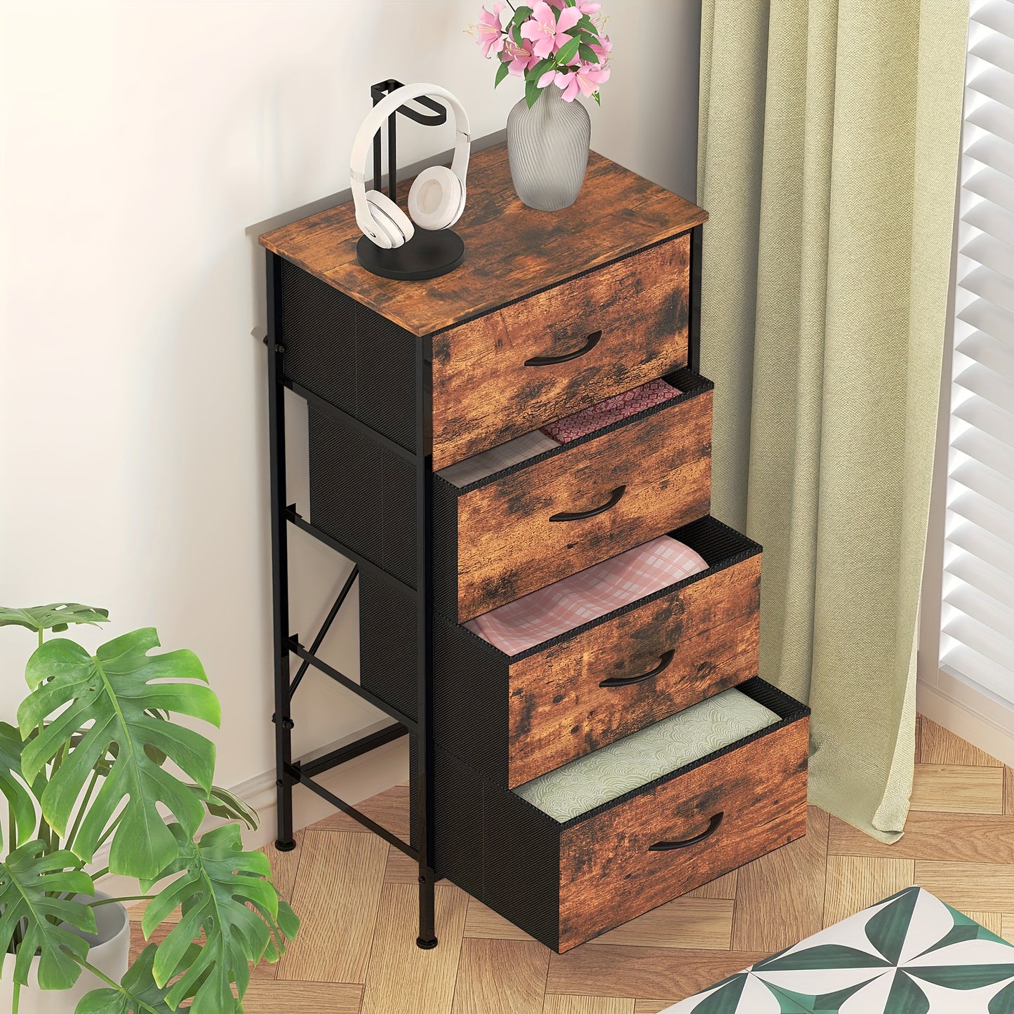 1pc Modern Tall Dresser with 4 Spacious Drawers - Large Storage Cabinet with MDF Wood Top & Sturdy Metal Frame, Freestanding Tall Tower Unit with Legs, 68.58cm+ Height, 3.2 Cu Ft Capacity, Space-Saving Vertical Organizer for Bedroom/Living Room