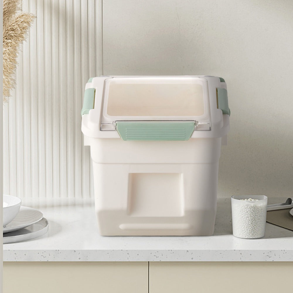 10kg Airtight Pet Food Storage Bin with Scoop & Wheels – Large PP Dog Cat Dry Food Container with Inclined Opening for Rice, Grain & Kibble, Green