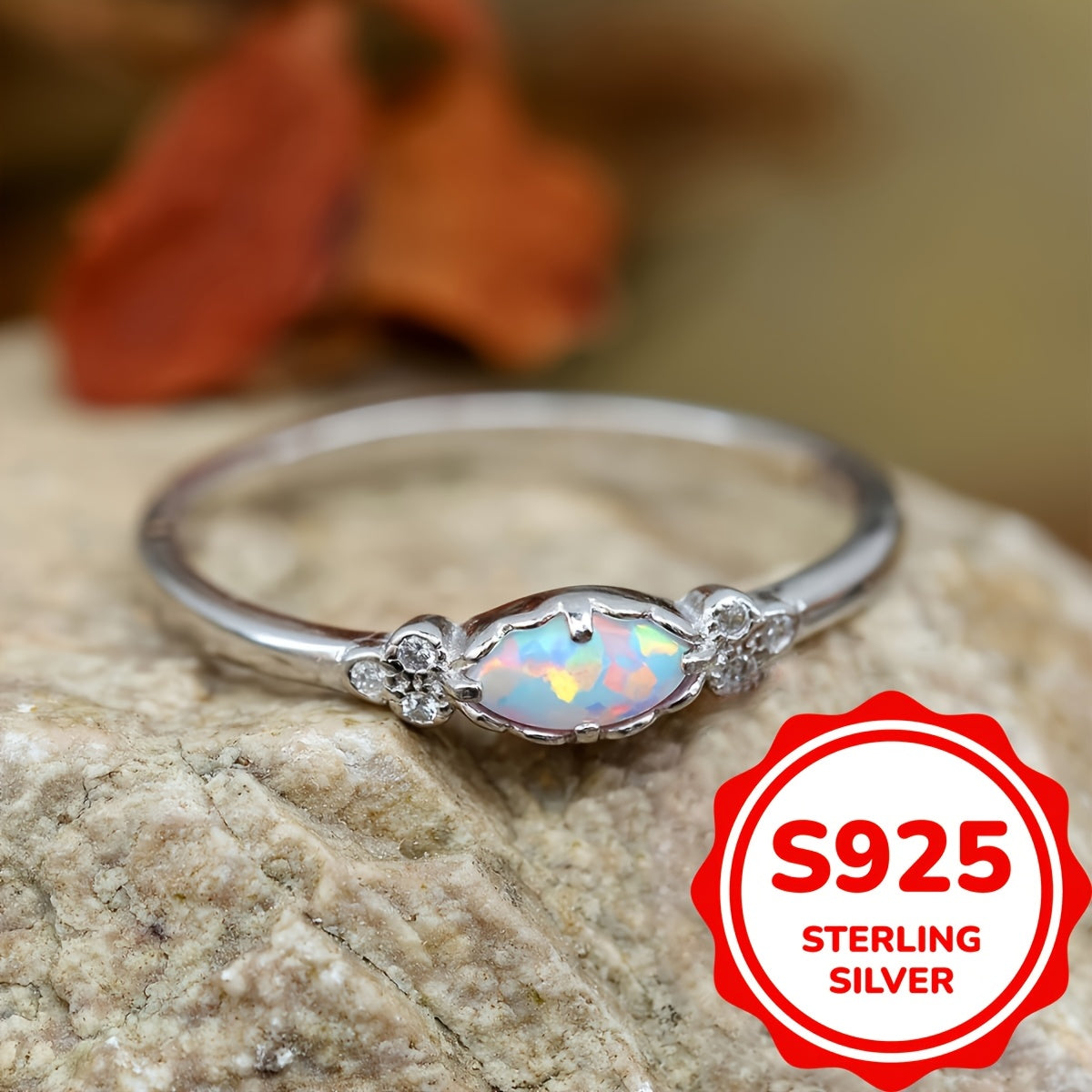 Dainty White Fire Opal Rings - 925 Sterling Silver Opal Ring for Women - Daily Jewelry Accessories (2.3g)