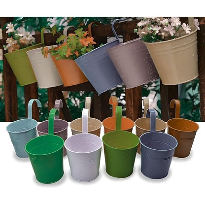 Trendi Set of 10 Metal Hanging Plant/Flower Pots Planters With Drainage Hole, Balcony Planters Fence Garden Home Decor Detachable Hook Coloured Planters (10)