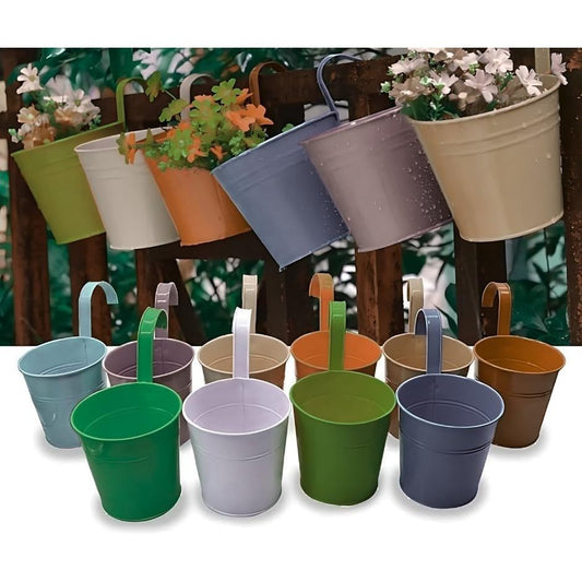 Trendi Set of 10 Metal Hanging Plant/Flower Pots Planters With Drainage Hole, Balcony Planters Fence Garden Home Decor Detachable Hook Coloured Planters (10)