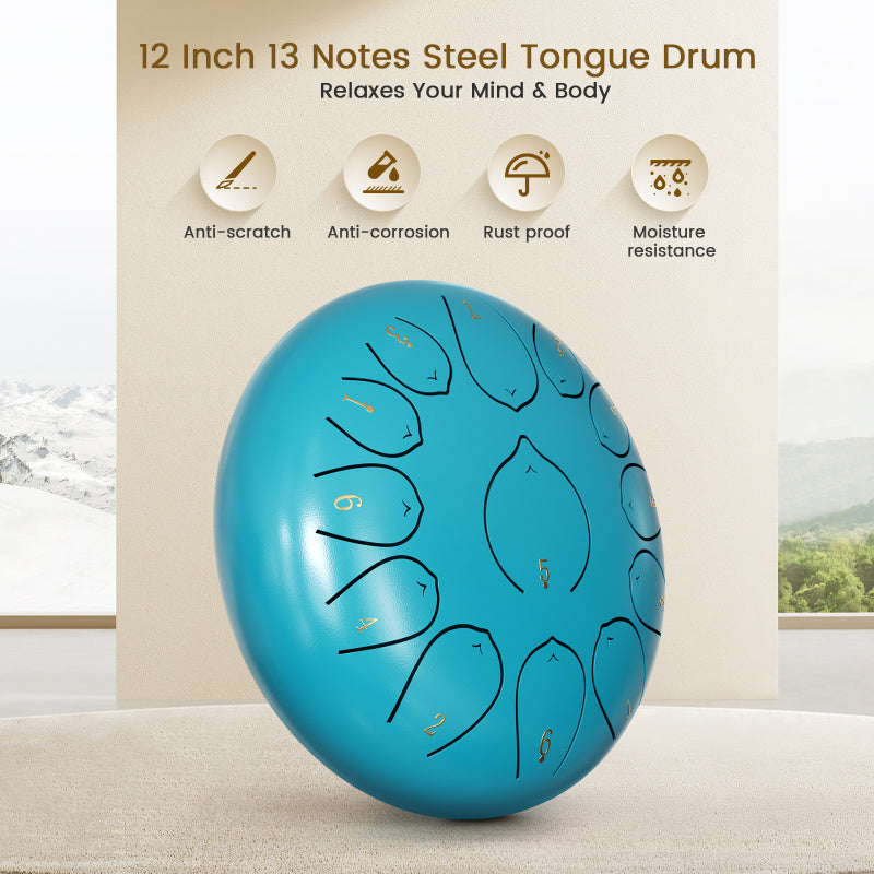 12 Inch 13 Notes Steel Tongue Drum, D Key & Rust-Proof Handpan Drum with Drum Bag and Percussion Instrument Tools