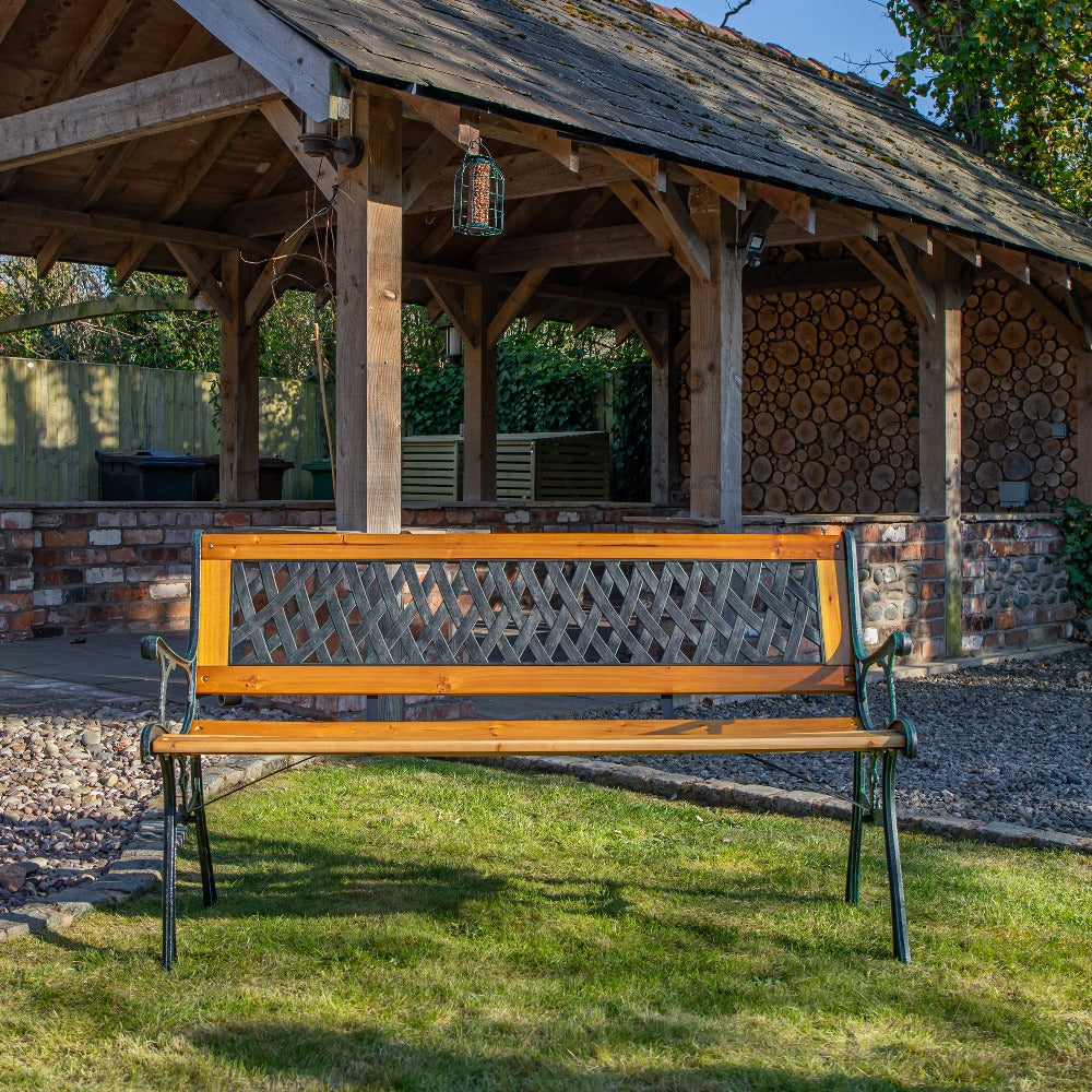 2 Seater Garden Bench Wooden Seat Cast Iron Legs Lattice Rose Backrest Outdoor Patio Bench 123cm Fir Wood Max 150kg Flat Pack