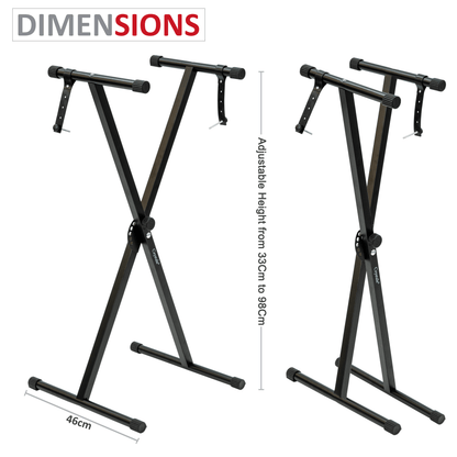 X-Frame Keyboard Stand - Height Adjustable Single/Double Braced for Keyboards, Synthesisers and Digital Pianos - Black