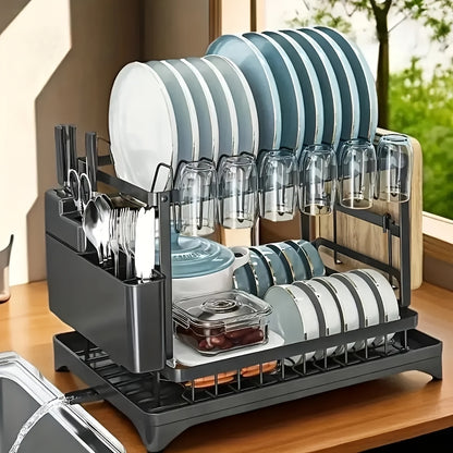 2 Tier Dish Drainer Rack for Kitchen Counter - Space-Saving Dish Rack with Utensil Holder and Cutting Board Holder Large Capacity Drying Rack with Draining Board, Black