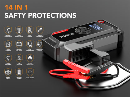 SHARMEAL 9000A/10000A Jump Starter with Air Compressor And Tire Inflator, 12V Power Bank, Battery Jump Pack, Jump Starter for Car Heavy Duty, 9-In-1 Multi-Function Power Pack for 10L Gas/All Diesel, Includes Nozzles And Additions