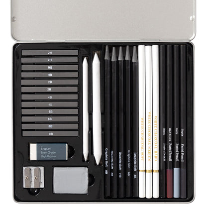 Evelay 28pcs Professional Drawing Pencil Set – Sketching & Art Supplies Kit with Charcoal, Graphite, Pastels, Erasers & Tin Case – Ideal Gift for Beginners & Artists