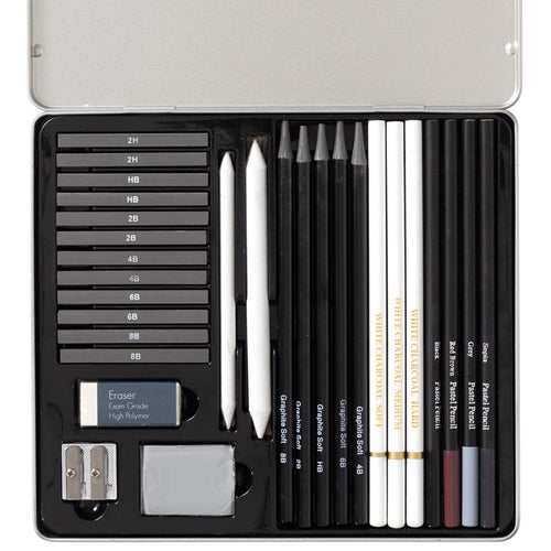 Evelay 28pcs Professional Drawing Pencil Set – Sketching & Art Supplies Kit with Charcoal, Graphite, Pastels, Erasers & Tin Case – Ideal Gift for Beginners & Artists