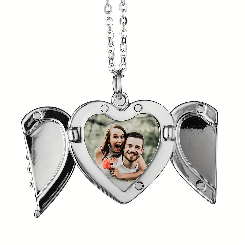 Personalized Angel Wings Necklace Heart Box Pendant Custom Picture Open Box Angel Wing Pendant