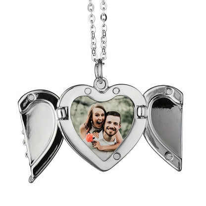 Personalized Angel Wings Necklace Heart Box Pendant Custom Picture Open Box Angel Wing Pendant