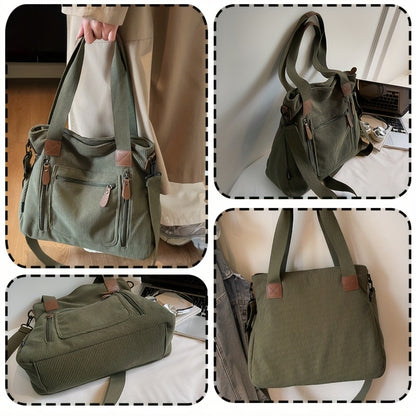 Corduroy Tote Bag Women Large Capacity – Adjustable Shoulder Strap, Multi-Pocket Crossbody Handbag for Work, Shopping & Daily Commute | Beige Vintage Style