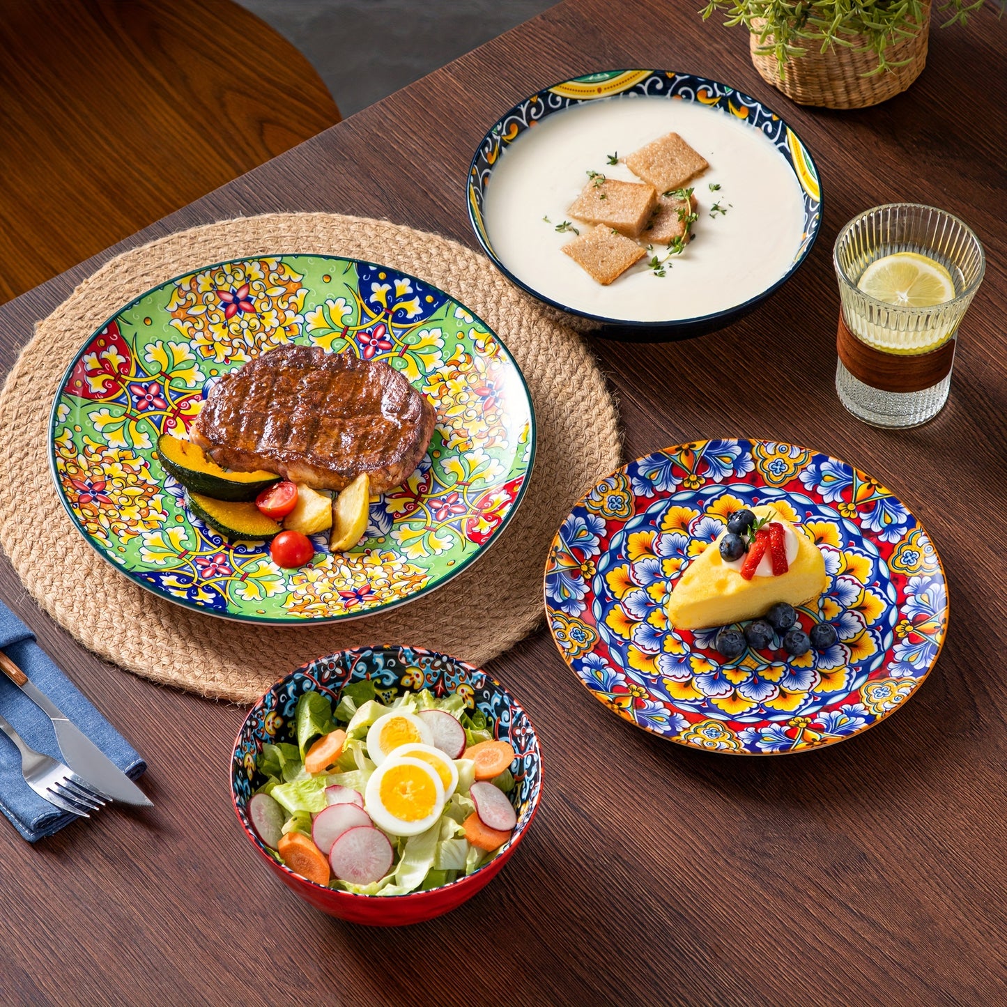 24pcs Dinner Set Stoneware Bohemian Style Tableware with Dinner Plate Dessert Plate Pasta Bowl Cereal Bowls Service for 6
