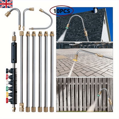 10pcs Stainless Steel Pressure Washer Extension Pole Set- Pressure Washer Extension Pole - 4000 PSI- 1/4In Quick Connect, 6 Nozzle Heads, 30?/90?/120? Elbow Pole for Roofs, Gutters, Ditches, Exterior Walls, Can Be Used to Clean Your Car