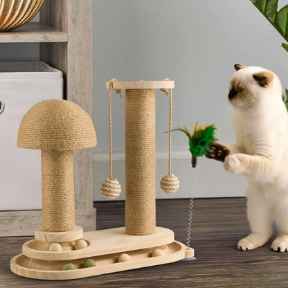 4-in-1 Cat Scratching Post with Sisal Rope, Ball Track & Spring Toy – Interactive Solid Wood Cat Activity Centre, 2 Sizes