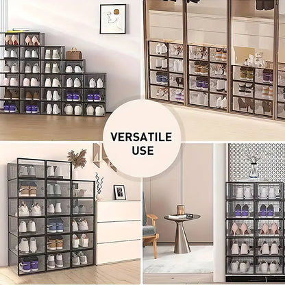 Folding Shoe Storage Box, 12 Pack Clear Transparent Shoe Storage Boxes Hard Plastic Stackable Organiser Containers Bins, DIY Easy Assembly, Sturdy & Durable, Space Saving, Black Door Frame, Foldable and Versatile for Sneakers, Fit up to UK Size 9.5
