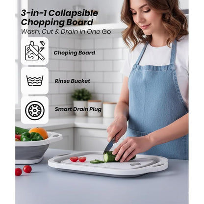 3-in-1 Collapsible Chopping Board with Drain Plug – Multi-Purpose Folding Cutting Board for Kitchen, Camping & Outdoor Use | Non-Slip Wash Basin, Portable Tub & Storage Container