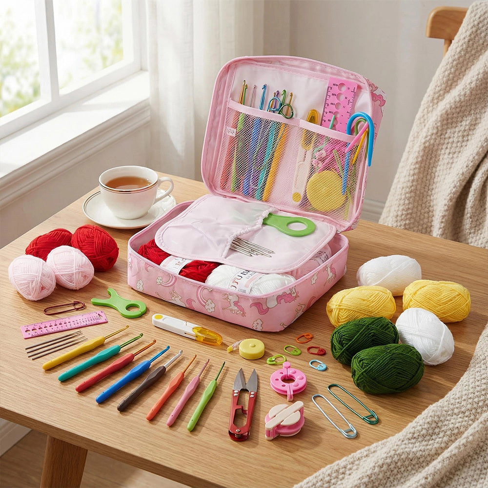 Crochet Kit for Beginners 59-Piece | Complete Set with Ergonomic Hooks, 5-Colour Yarn Balls & Zippered Storage Case | DIY Knitting Gift for Adults & Craft Enthusiasts