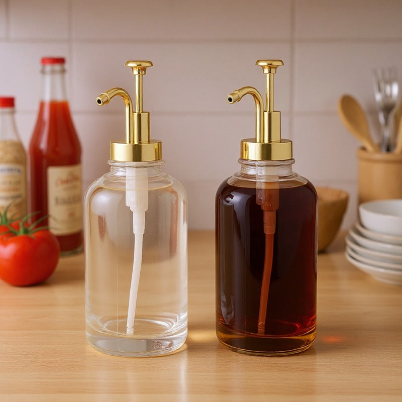 Glass Coffee Syrup Dispenser, Press-Type Liquid Dispenser 2pcs Set, Glass Honey Pot Honey Jar Shampoo and Conditioner Dispenser, 500ml, Gold