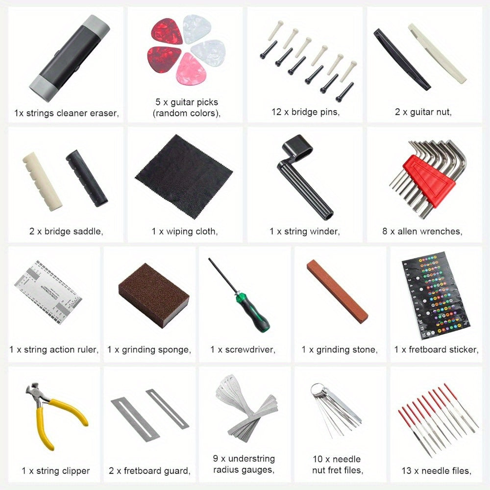 Guitar Maintenance Tools Kit – Guitar Repair & Cleaning Kit with String Winder, Cutter, Fret Files, Screwdriver – Guitar Tool Set for Acoustic, Electric, Bass Guitars for Beginners Musicians