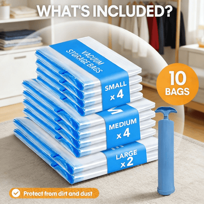 11pcs Vacuum Compression Storage Bags Set with Portable Hand Pump - Large + Medium + Small + Hand Pump - Suitable for Bedding, Clothes, Travel Essentials, Luggage Vacuum Seal Bags, Thickened Material, No Electricity Required
