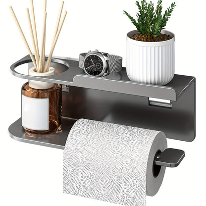 Wall-Mounted Toilet Paper Holder With Storage Shelf, No Drill Adhesive Installation, Bathroom Organizer - Space-Saving Tissue Roll Dispenser For Home Or Hotel Use