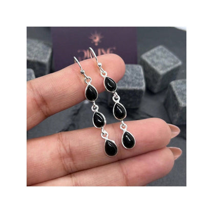 925 Sterling Silver Natural Gemstone 3 stone long Earring, Bezel Set Birthstone Ring, Perfect gift