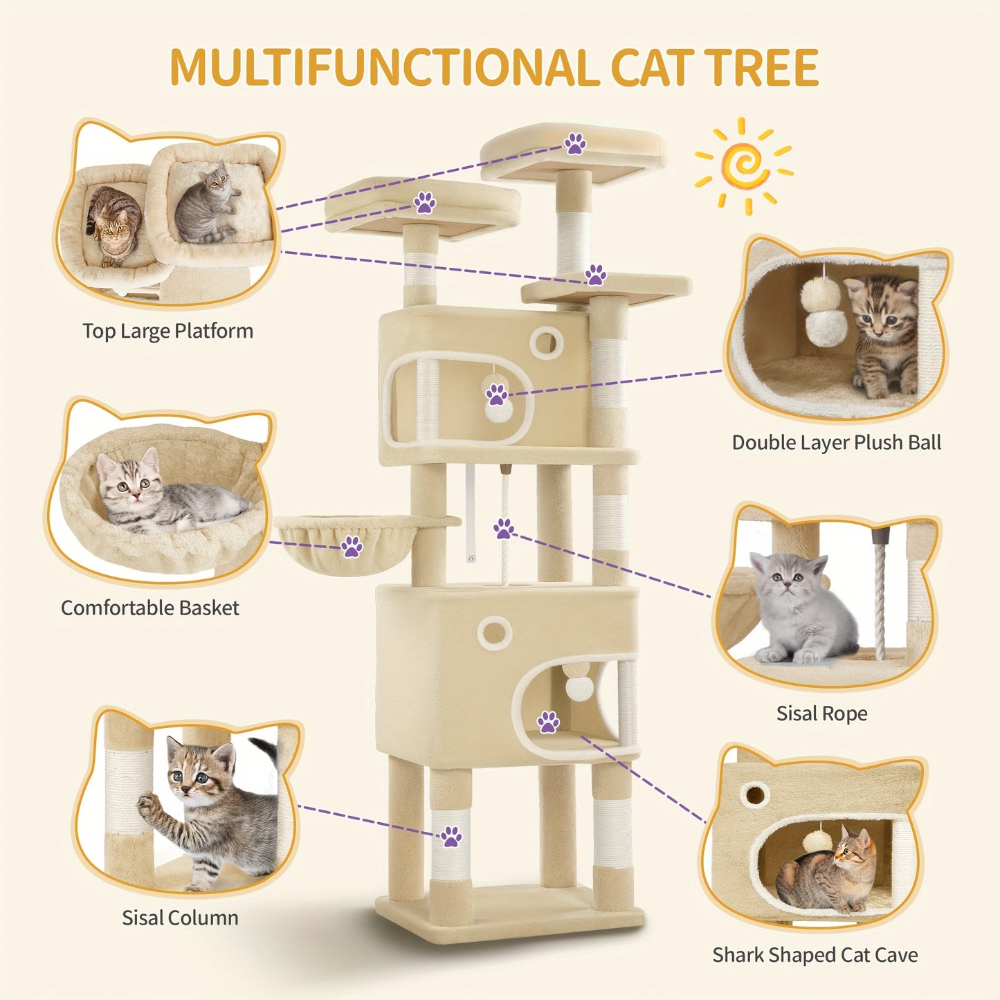 [Multi-Level Cat Tree] HZUANERI 180cm Multi-Level Cat Tree | 8 Scratching Posts, 3 Platforms, 2 Dens, Basket & Plush Balls - Durable Sisal Rope for Indoor Cats of All Sizes, Space-Saving Design for Climbing, Resting & Play, Cat Climbing Tower, Pet Activit