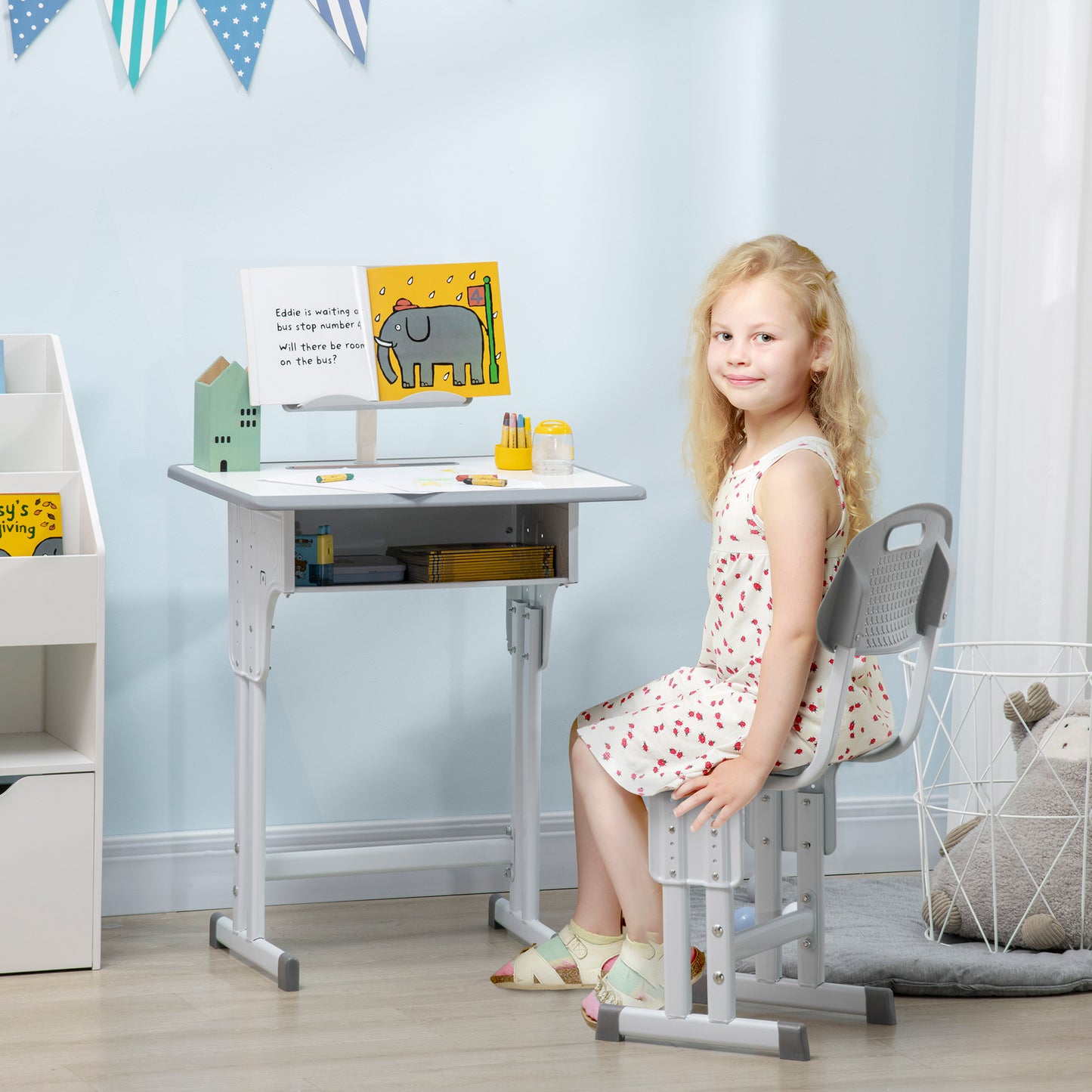 Kids Desk and Chair Set Adjustable Height Study Table Set w/Drawer, Book Stand, Pen Slot