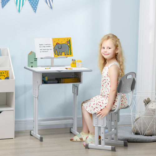 Kids Desk and Chair Set Adjustable Height Study Table Set w/Drawer, Book Stand, Pen Slot