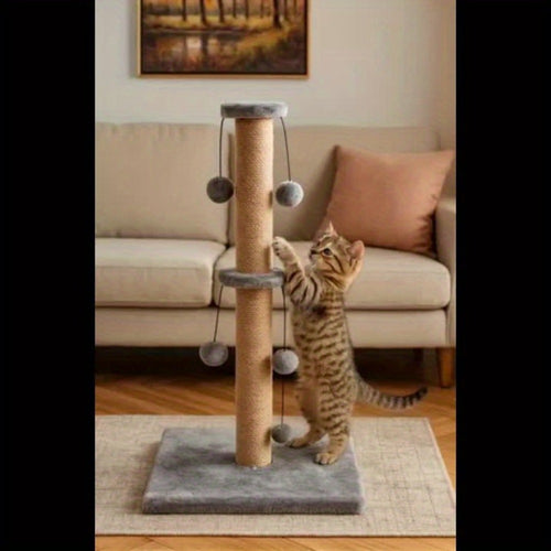 Tall Cat Scratching Post 74cm with Toy Balls – Natural Sisal Scratch Pole, Plush Base, Stable Heavy Base, Indoor Cat Scratcher for Kittens & Adults, Easy Assembly, Grey