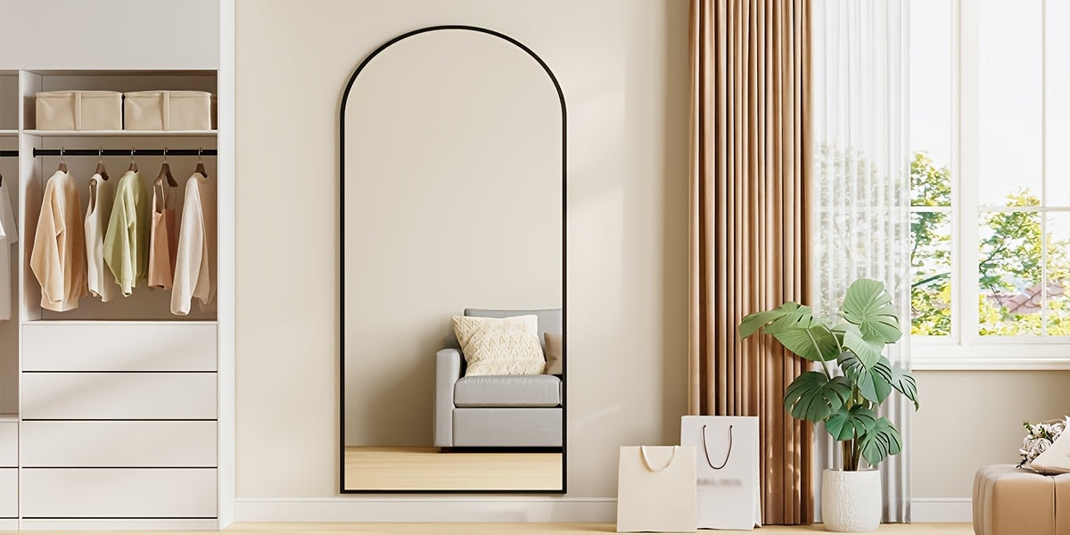 Arched Floor Mirror with Stand | Tempered Glass, Aluminium Alloy Frame, Black, Modern Style, Suitable for Bedroom and Living Room Entry, Vertical Orientation, HZUANERI Brand