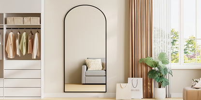 Arched Floor Mirror with Stand | Tempered Glass, Aluminium Alloy Frame, Black, Modern Style, Suitable for Bedroom and Living Room Entry, Vertical Orientation, HZUANERI Brand
